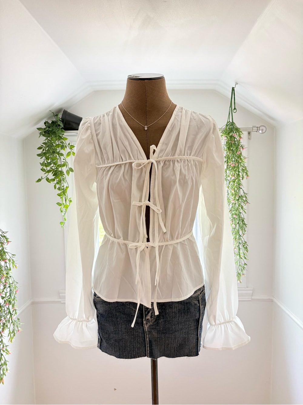 White Tie-Front Sheer Peasant Blouse